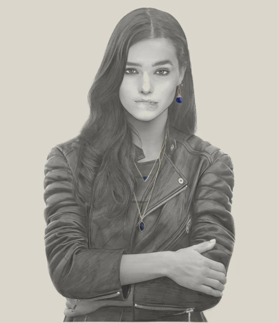 Illustration of a woman in a leather jacket with crossed arms, wearing jewelry, against a pale beige background.