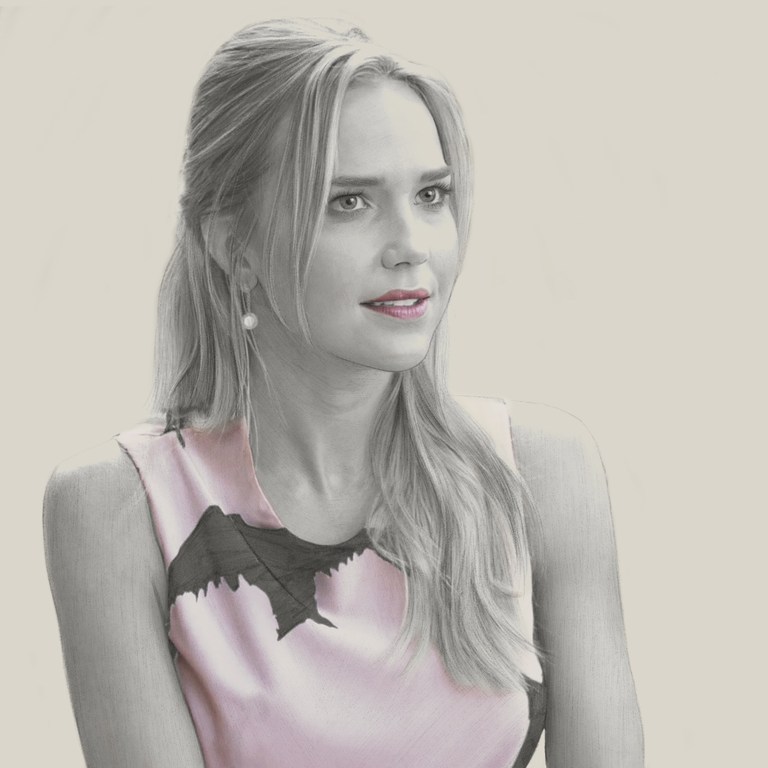 Detailed portrait illustration of a blonde woman wearing a pink patterned dress and pearl drop earrings against a neutral background.