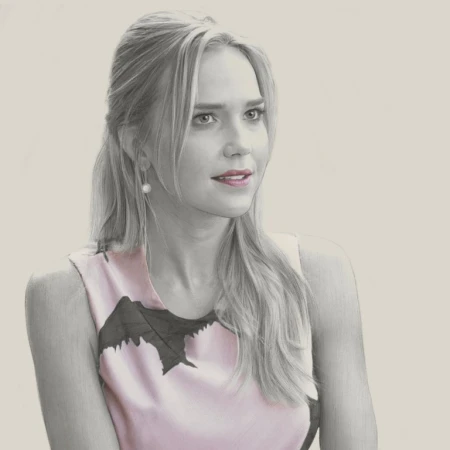 Detailed portrait illustration of a blonde woman wearing a pink patterned dress and pearl drop earrings against a neutral background.