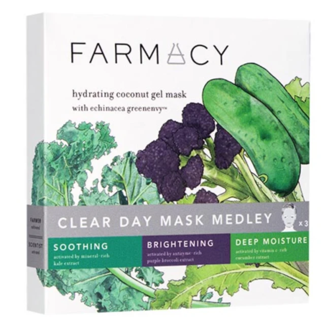 Farmacy skincare box featuring hydrating coconut gel masks with echinacea greenenvy, showcasing cucumbers, kale, and purple broccoli extracts.