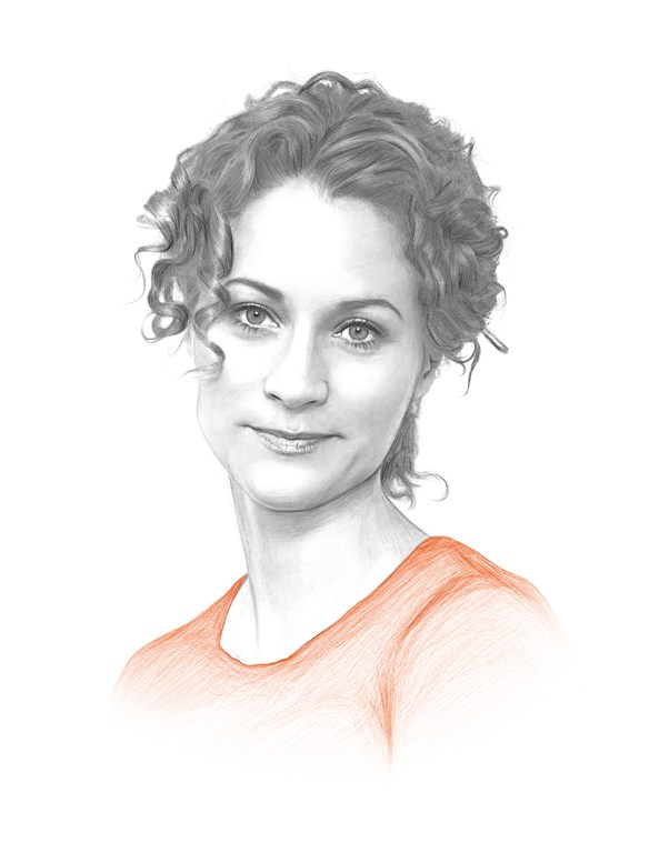 Illustration of a woman with curly hair and an orange shirt against a white background, created with pencil art techniques.