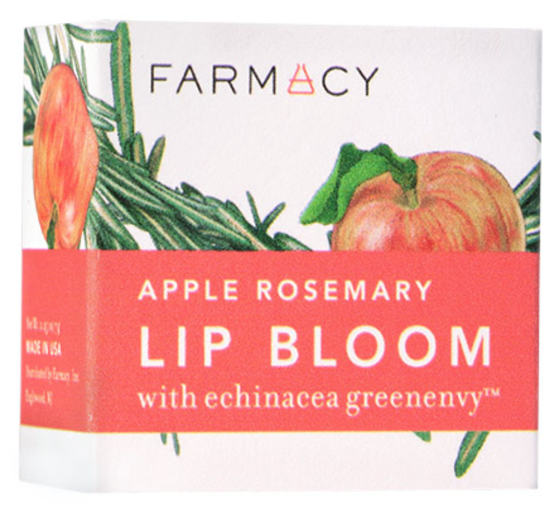 Farmacy Apple Rosemary Lip Bloom product box with apple, rosemary, and text elements in a studio product shot.