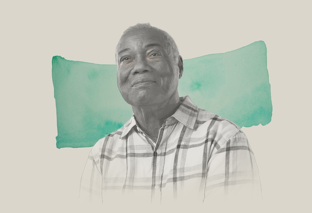 Illustration of an elderly African-American man in a plaid shirt looking up, set against a watercolor background on a neutral canvas.