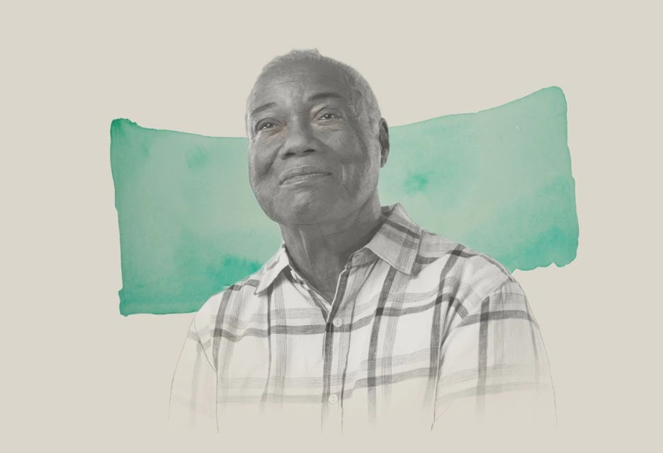 Illustration of an elderly African-American man in a plaid shirt looking up, set against a watercolor background on a neutral canvas.
