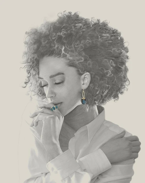 Portrait of a woman with afro hair wearing jewelry and a white shirt in a digitally enhanced black and white studio shot.