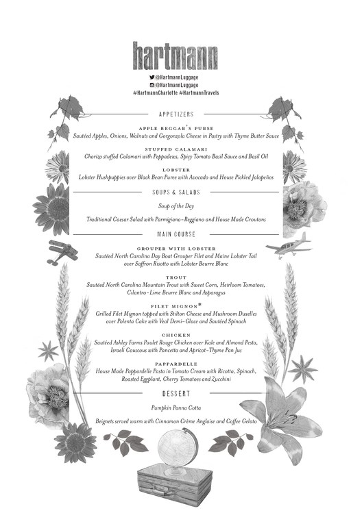 Elegant grayscale menu featuring appetizers, salads, main courses, and desserts, adorned with floral elements and vintage travel props.