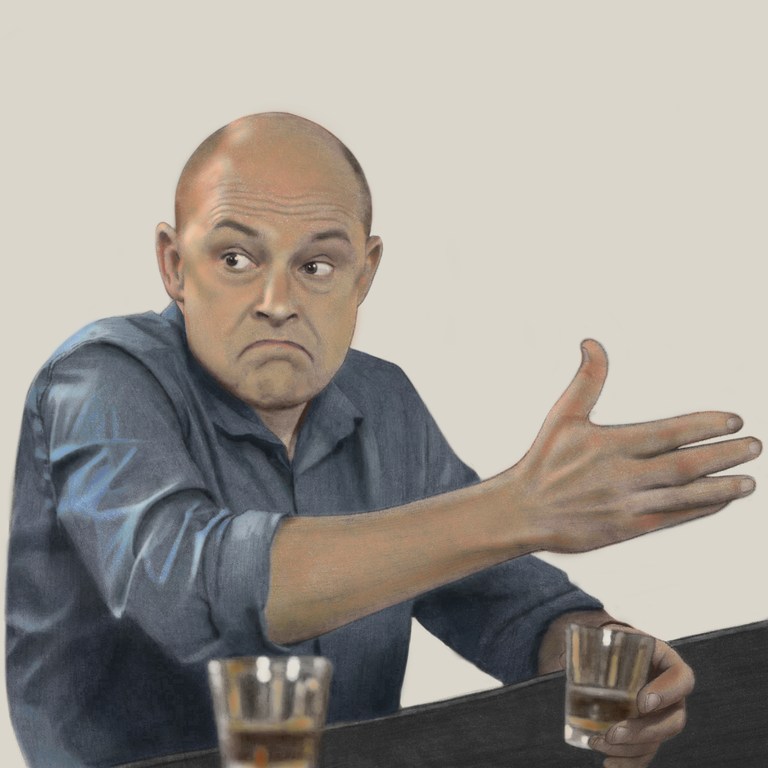 Illustration of a bald adult man in a blue shirt with a perplexed expression, hand outstretched, sitting at a counter with drinks.