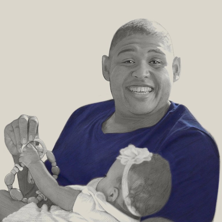 Illustration of a father holding his baby, who is playing with a toy. The background is a light cream color.