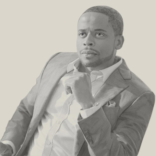 Monochrome digital painting of an adult Black man wearing a grey suit and button-down shirt, seated and looking off into the distance.