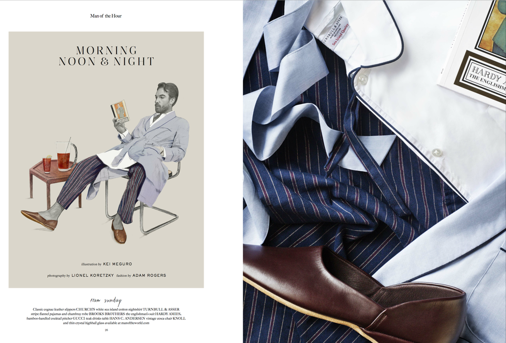 Illustration of a man in loungewear reading, alongside pajamas and leather slippers, conveying a relaxed morning, noon, and night theme.
