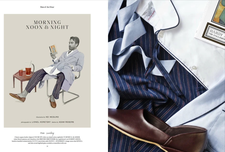 Illustration of a man in loungewear reading, alongside pajamas and leather slippers, conveying a relaxed morning, noon, and night theme.