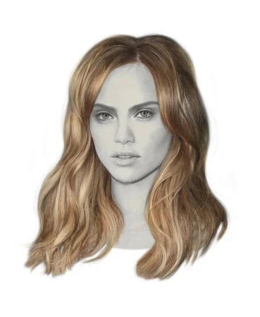 Portrait illustration of a woman with long wavy brown hair and grey shaded facial features