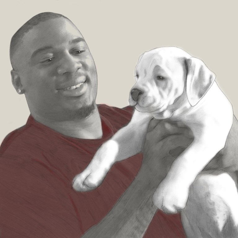 An illustration showing a man holding a white puppy. The artwork features muted colours and soft shading, capturing a moment of affection.