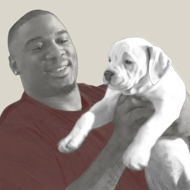 An illustration showing a man holding a white puppy. The artwork features muted colours and soft shading, capturing a moment of affection.