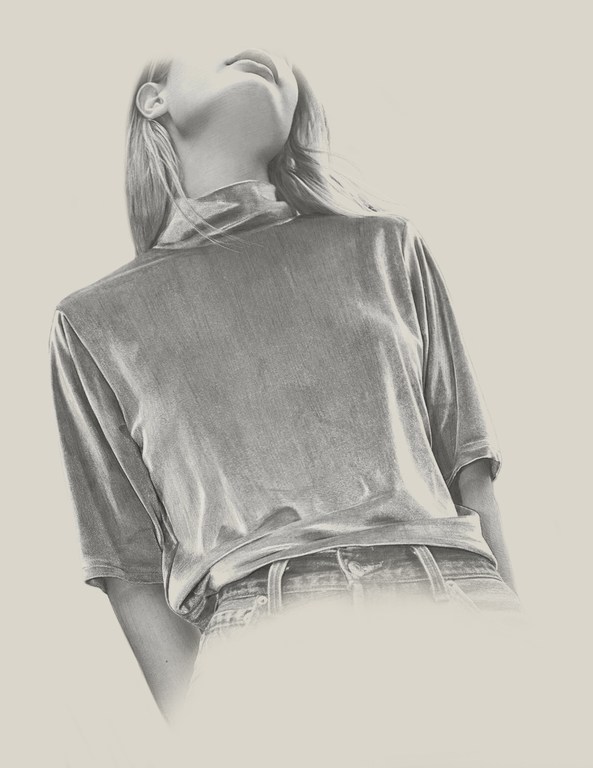 A person posing in a sketched portrait with their head tilted back, wearing a velvet top and denim jeans against a light background.