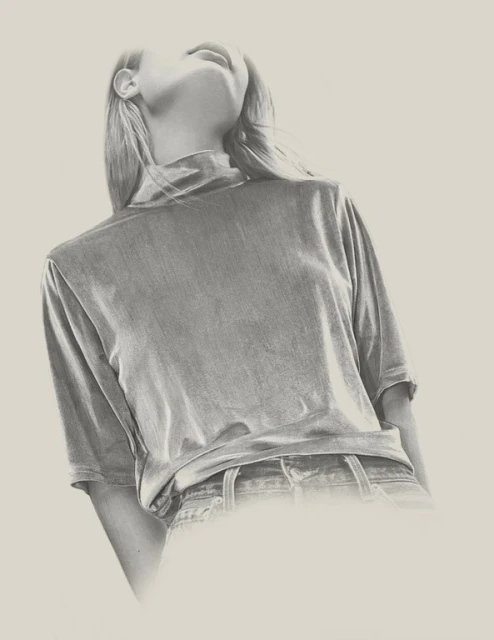 A person posing in a sketched portrait with their head tilted back, wearing a velvet top and denim jeans against a light background.