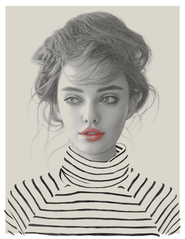 Illustration of a young woman with red lips and wavy hair wearing a black and white striped turtleneck, set against a neutral background.
