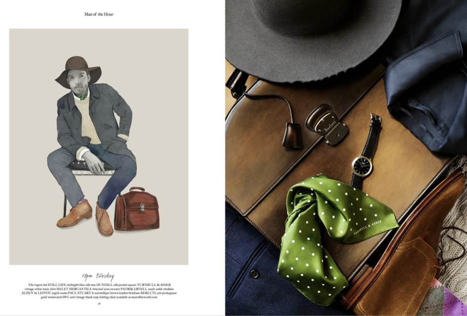 Illustration of a man wearing a wide-brimmed hat, jacket, jeans, and brown shoes, seated with a briefcase; also featuring a still life of men's accessories.