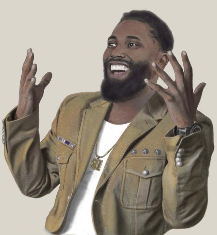 Illustration of an African American male with a beard, wearing a tan jacket and gold chain, smiling with hands raised against a neutral background.