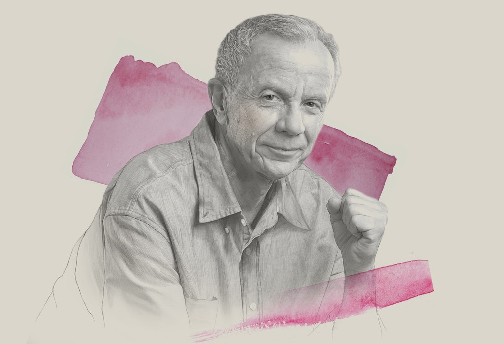 Portrait illustration of an elderly man in a button-down shirt with pink watercolor brush strokes by Kei Meguro.