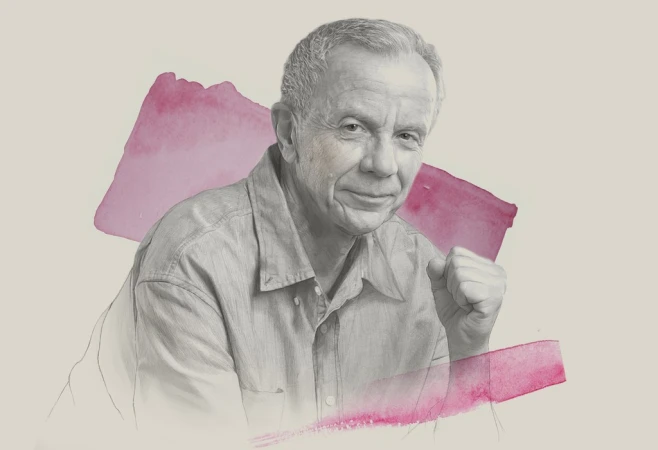 Portrait illustration of an elderly man in a button-down shirt with pink watercolor brush strokes by Kei Meguro.