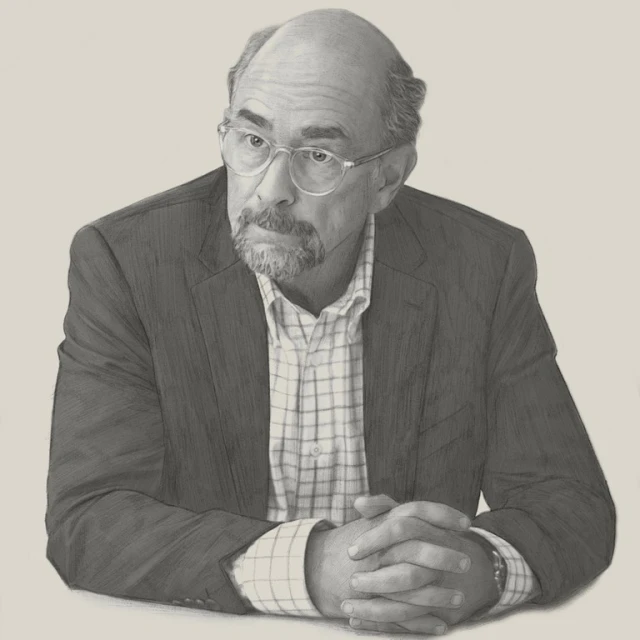 Illustration of an older adult male with glasses, wearing a suit and button-down shirt, with his hands clasped together.