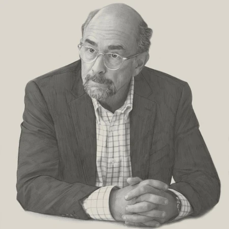 Illustration of an older adult male with glasses, wearing a suit and button-down shirt, with his hands clasped together.