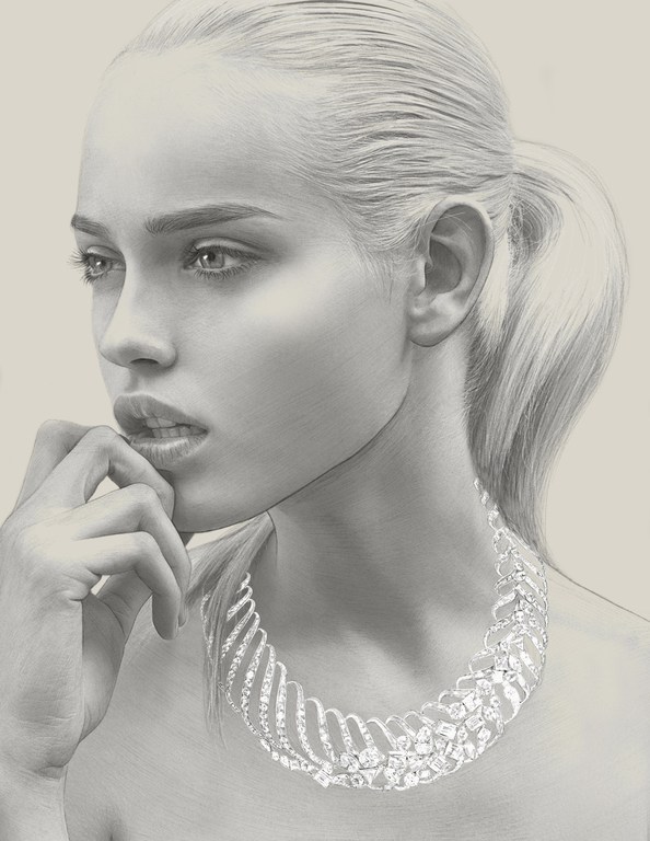 Illustration of an adult female with fair skin and blonde hair, wearing a diamond necklace against a neutral studio backdrop.