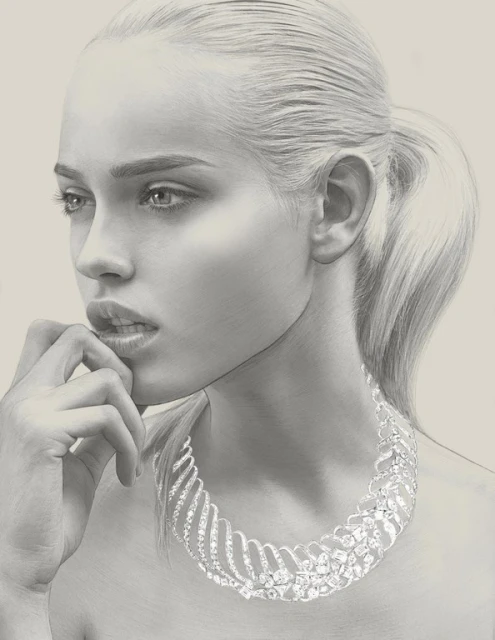 Illustration of an adult female with fair skin and blonde hair, wearing a diamond necklace against a neutral studio backdrop.