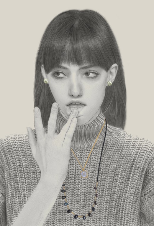 Portrait illustration by Kei Meguro of a young woman wearing a grey turtleneck sweater, pendant necklace, and earrings.