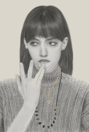 Portrait illustration by Kei Meguro of a young woman wearing a grey turtleneck sweater, pendant necklace, and earrings.
