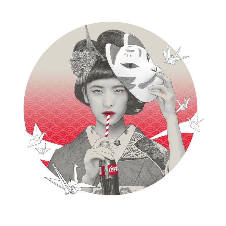 Illustration of an adult female drinking Coca-Cola through a striped straw, holding a white animal mask, and wearing a floral headpiece.