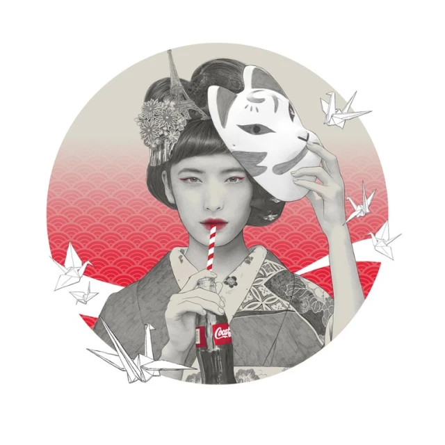 Illustration of an adult female drinking Coca-Cola through a striped straw, holding a white animal mask, and wearing a floral headpiece.