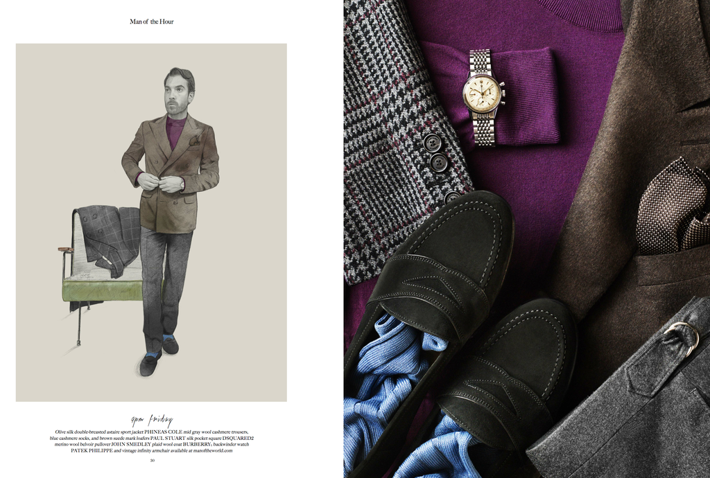 Illustration: Man in double-breasted suit, walking, styled with luxury accessories like loafers and watch, next to curated menswear collection.