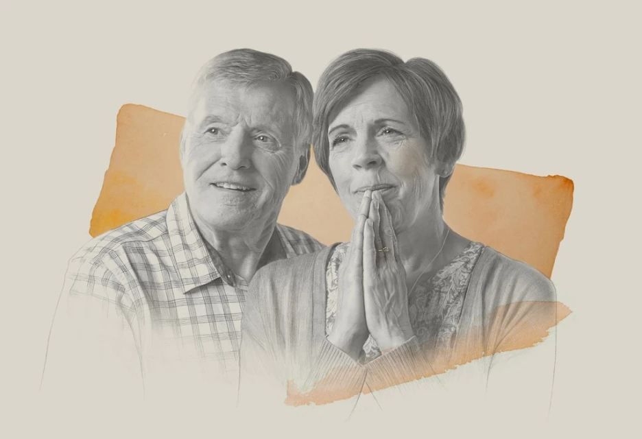 Drawing of an elderly couple posing indoors, featuring an adult man and woman with an orange watercolor-style background.