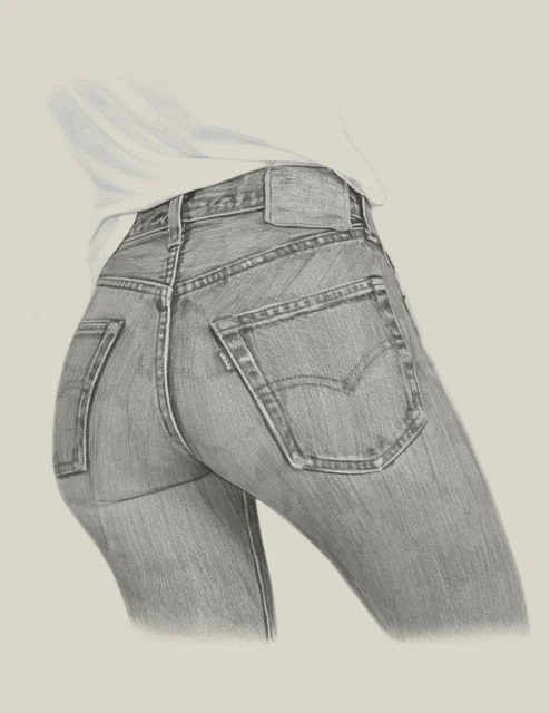 Pencil art: Woman's lower torso and legs wearing blue denim jeans, showcasing fashion and artistic technique in a studio setting.