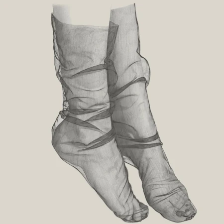 Close-up of two legs adorned with sheer, dark gray socks, showcasing the fabric's delicate texture and form-fitting design against a neutral backdrop.