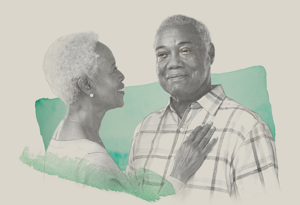 Illustration of a senior African-American couple, woman with short grey hair looking at the man, watercolor effect in green and grey tones.