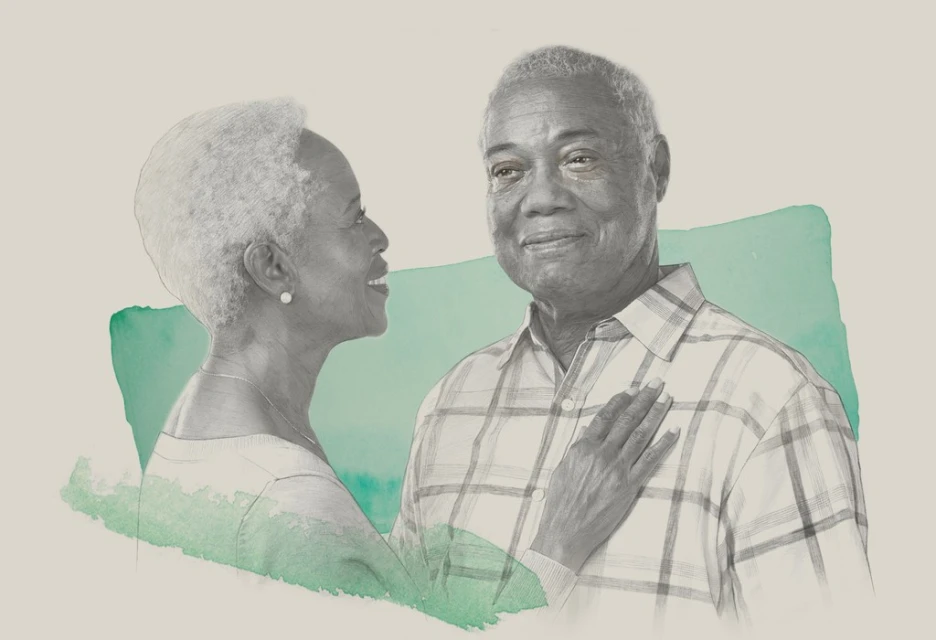 Illustration of a senior African-American couple, woman with short grey hair looking at the man, watercolor effect in green and grey tones.