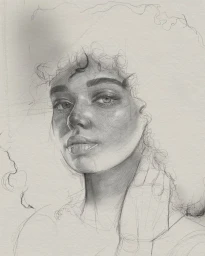 Detailed graphite pencil portrait of a woman with curly hair by illustrator Kei Meguro on textured paper