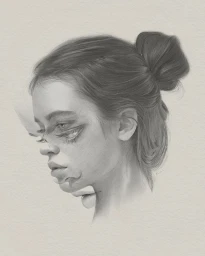 Detailed pencil portrait of a woman with her hair in a bun showing a surreal overlapping facial distortion effect.