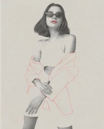 Portrait illustration of a woman wearing cat-eye sunglasses and an oversized jacket with red outline by Kei Meguro.