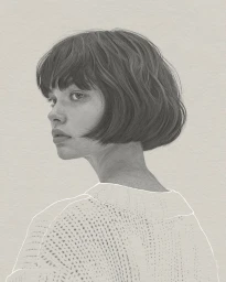 Detailed pencil portrait illustration of a woman with short dark hair and bangs looking back over her shoulder by Kei Meguro