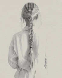 Detailed pencil drawing of a woman seen from behind with a long braided hairstyle wearing a light-coloured collared shirt.