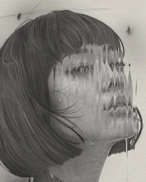 Pencil illustration by Kei Meguro of a woman with a melting face and dark bob haircut against a textured paper background.