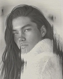 Detailed pencil portrait illustration of a person with long hair and a textured turtleneck sweater by Kei Meguro