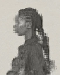 Monochrome pencil illustration of a woman in profile with vertical slicing distortion effect on textured paper