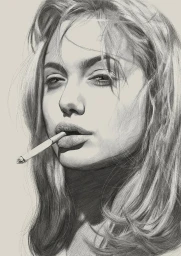 Detailed pencil illustration portrait of a woman with long hair holding a cigarette in her mouth by artist Kei Meguro.