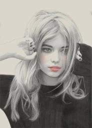 Detailed graphite illustration of a young woman with blonde hair, wearing a dark sweater with coral lips and flushed cheeks.