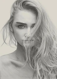 Detailed graphite pencil portrait of a woman with long flowing hair partially obscuring her face by illustrator Kei Meguro